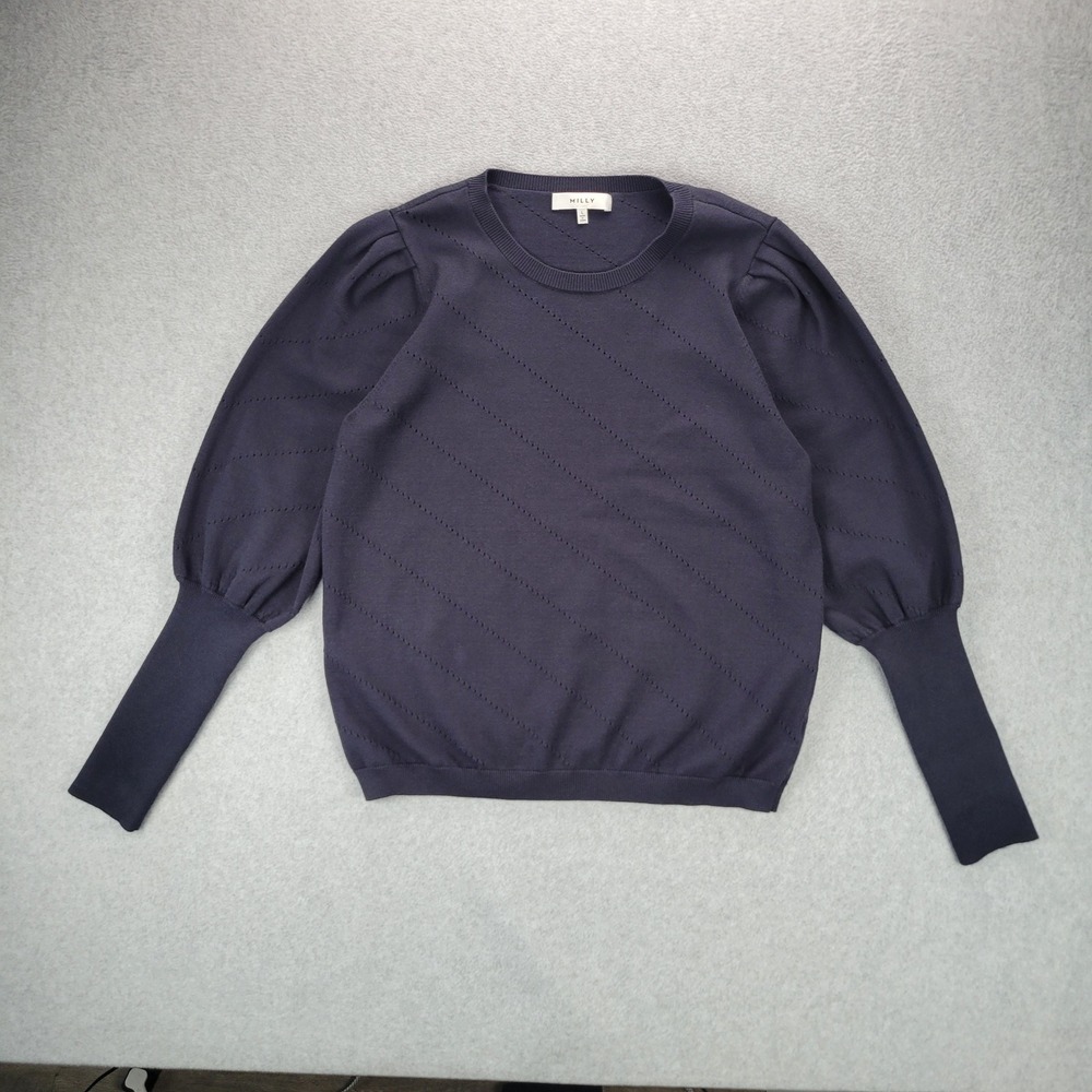 Milly Puff Sleeve Sweater Womens Large Navy Blue Pointelle Knit Crew Neck Top
